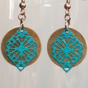 Turquoise Patina Silver & Brass Filigree Earrings